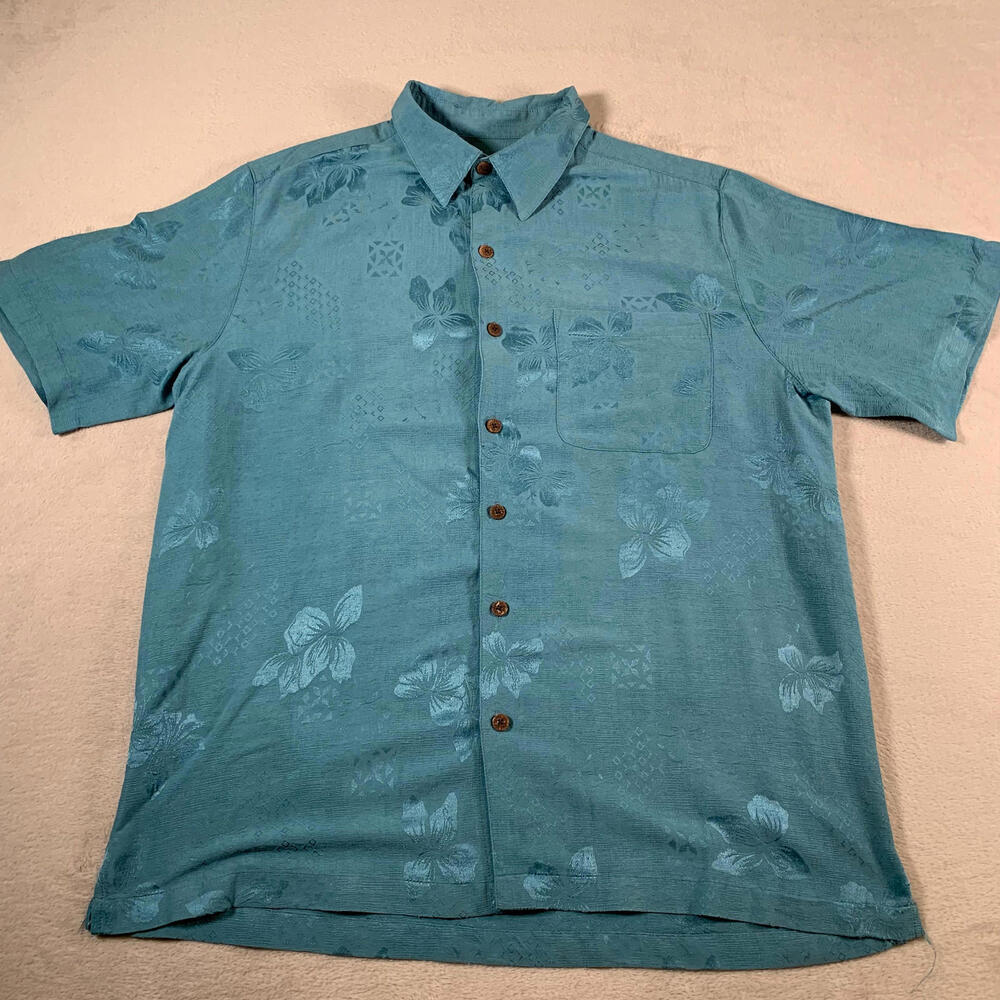 Caribbean Joe Shirt Mens XL Blue Silk Floral Hawaiian Button Up Island Casual‎